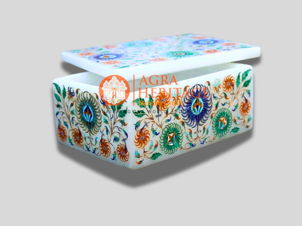 Decorative Marble Jewelry Box Multi Inlay Stone Girls Gift